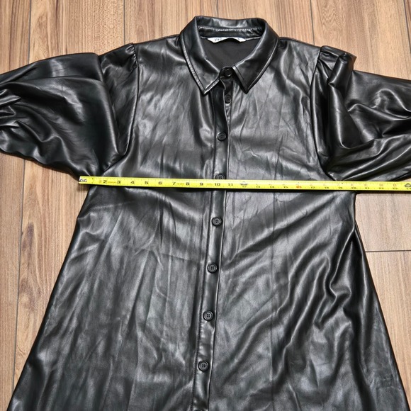 Zara Black Faux Leather Puff Sleeve Button Down Shirt Dress TunicLarge 4369/250 - Picture 7 of 12